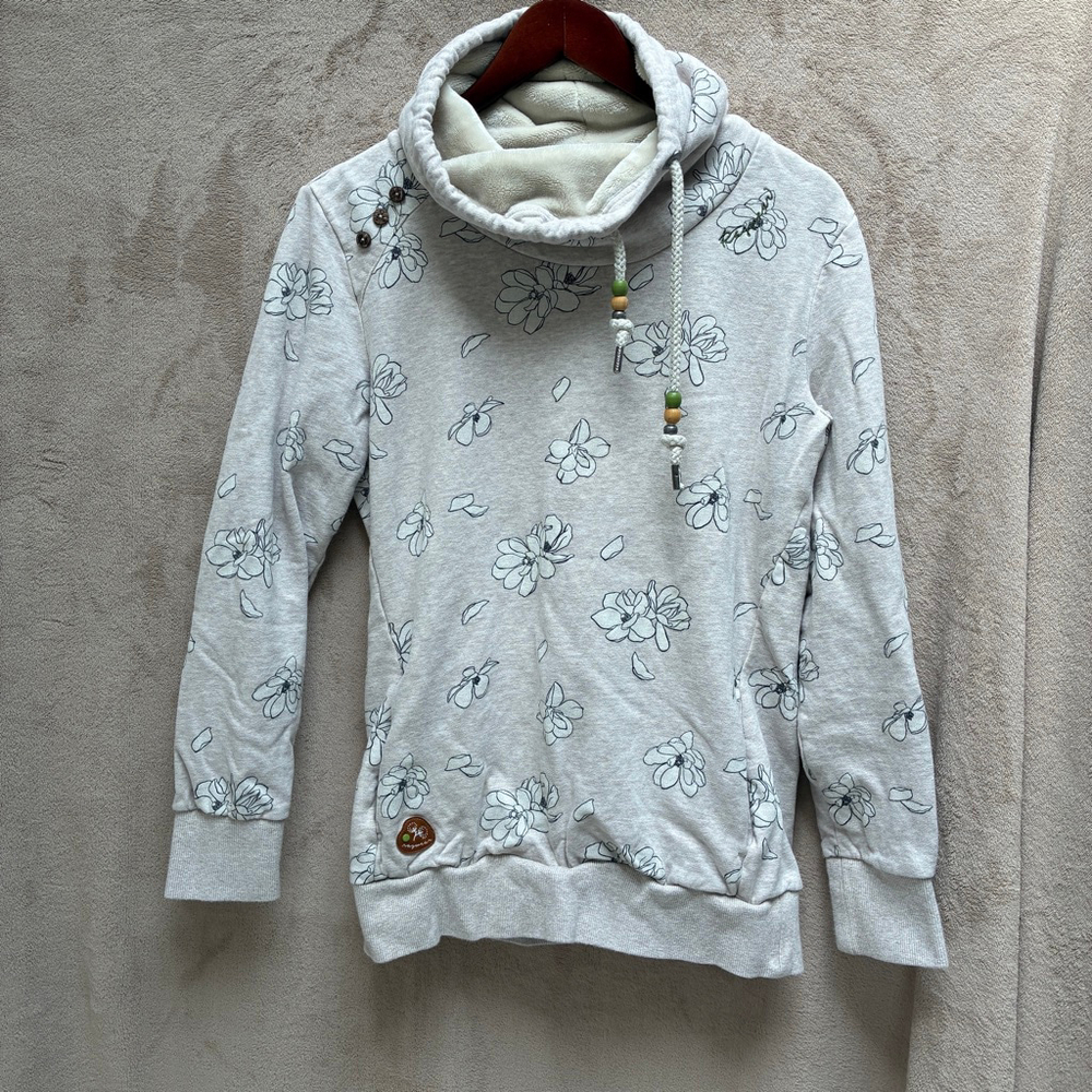 Ragwear Beige Black Floral Print Sweatshirt Cowl Neck Size Medium Cosy Warm